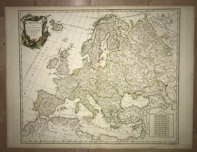 EUROPE c. 1750 ROBERT DE VAUGONDY LARGE ANTIQUE MAP IN COLORS 18TH CENTURY