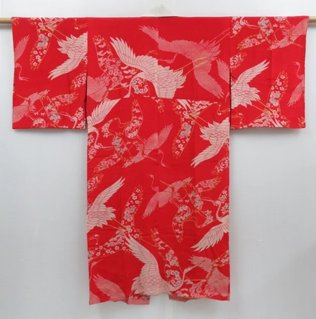2919T12z420 Antique Japanese Kimono Silk JUBAN Flying crane Red