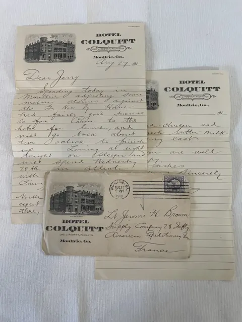 Antique 1918 Letter Hotel Colquitt Letterhead Stationary Moultrie, GA Military