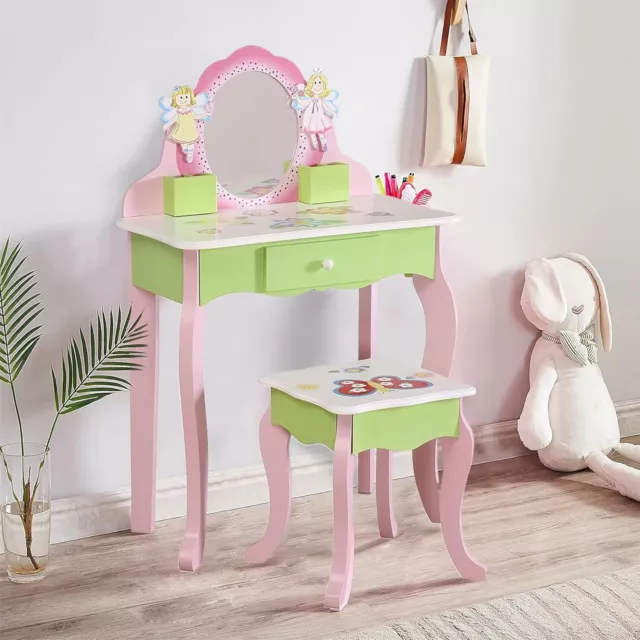 Kids Vanity Table and Stool Set Wooden Dressing Table & Chair w/Mirror Furniture