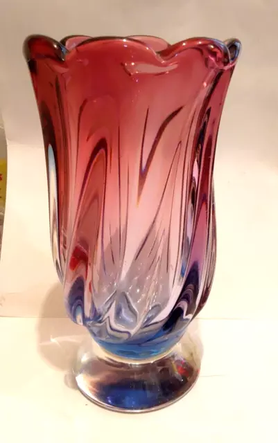 Vintage heavy murano glass vase large cranberry pink & blue