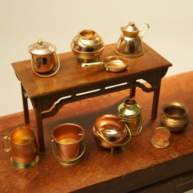 Nice big LOT of shiny copper & brass pots & pans dollhouse miniature 1:12 scale