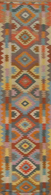 Alfombra de corredor oriental reversible de lana colorida Kilim 3'x16' tejida plana hecha a mano