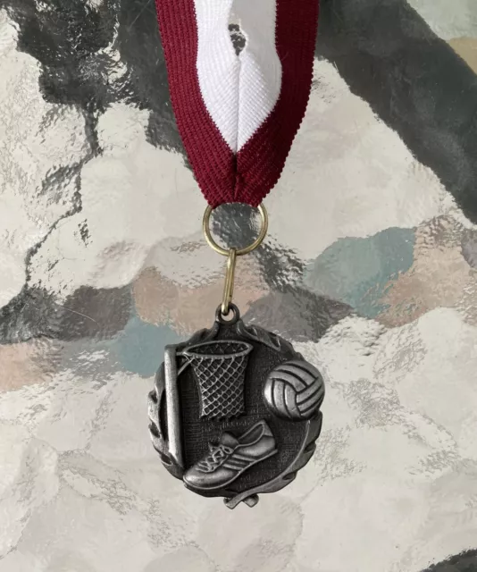 Large Netball Qld State Titles Medal Medallion Keyring on Maroon & White Lanyard