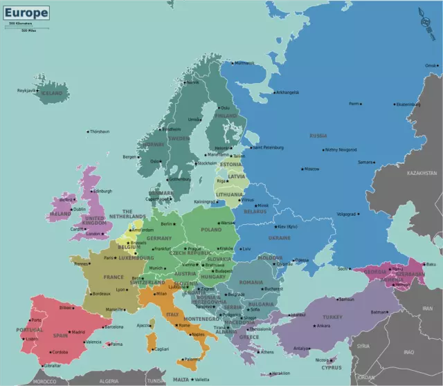 Europe European Political Wall Map Russia Middle East Africa Atlantic Ocean XL
