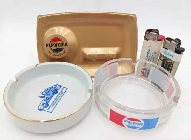 Collection Of 5 Vintage Original Pepsi Cola Advertising Ash Trays & Lighters