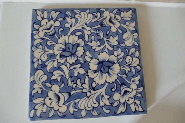 Art Pottery 14.8Cm Square Blue +White Decorative Tile With Flower +Leaf Design .