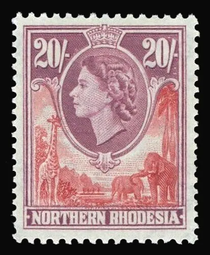 Northern Rhodesia 1953 QEII 20s rose-red & rose-purple MNH. SG 74. Sc 74.