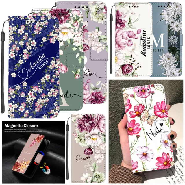 Flip Wallet Leather Case Floral Personalised Cover For iPhone 15 14 Pro 13 12 11
