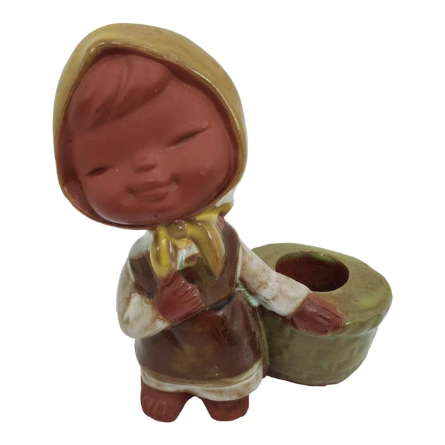 UCTCI Red Clay Pottery Girl Green Dress with Basket Candle Holder Japan VTG