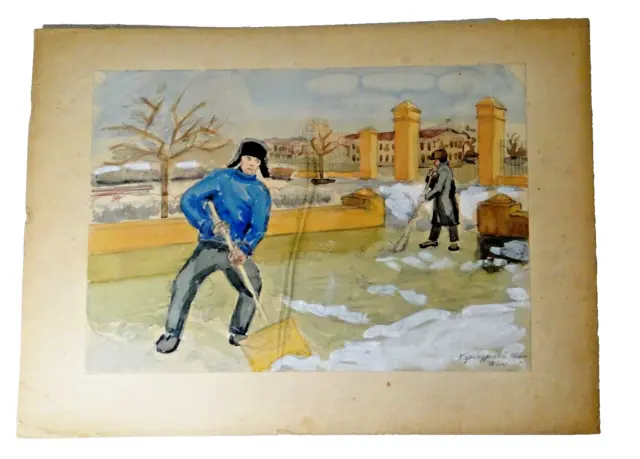 Tableau ancien aquarelle paysage Russe animé signé + tampon au dos