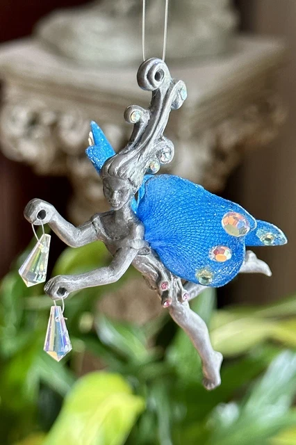 1990’s Pewter Flying Fairy Blue Glitter Crystal Mesh Wings Faerie Ornament ~New