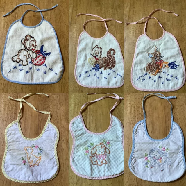 1950’ Handmade. Hand Embroidered Baby Bibs Lot of 6 Fun Bibs w/Baby Animals 1950