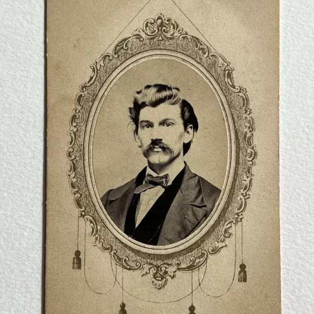 Antique CDV Photograph Charming Handsome Young Man Great Mustache & Hair Border