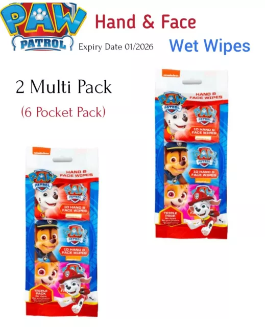 Paw Patrol Hand & Face Wipes - 2 Multipack ( 6 Pocket Pack) Expiry Date 01/2026