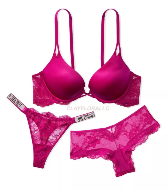 VICTORIA'S SECRET BOMBSHELL add 2 cups lace Push Up Bra Set shine purple  pink $89.00 - PicClick