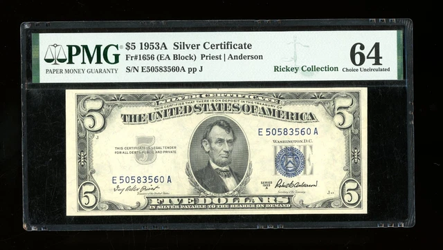 DBR 1953-A $5 Silver Fr. 1656 EA Block PMG 64 Serial E50583560A
