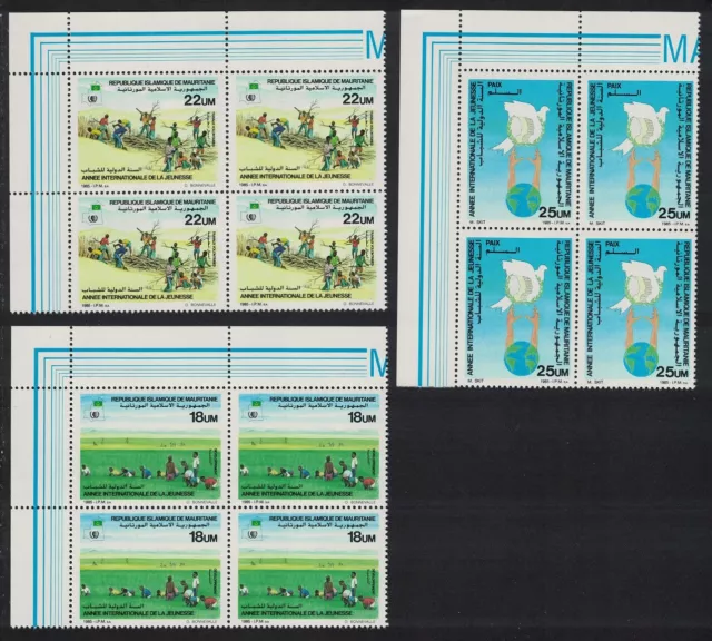 Mauritania Bird Intl Youth Year 3v Corner Blocks of 4 1986 MNH SG#840-842