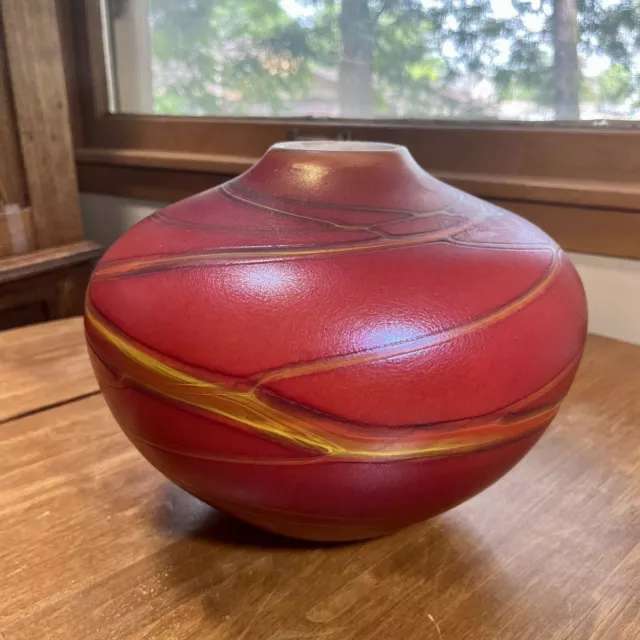 Fields & Fields Fine Art Red & Yellow Hand Blown Glass Sphere Vase Signed