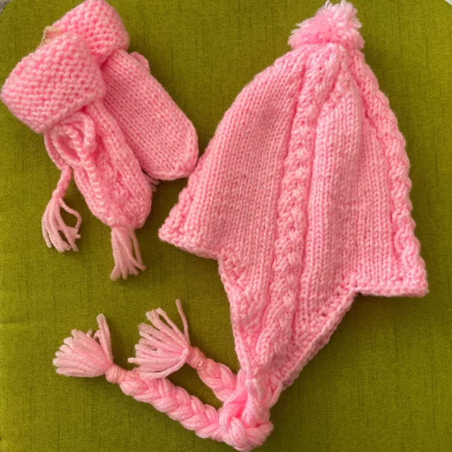 Handmade Knit Crochet Hat and Mittens Girls Pink 18-24 Months  One Of A Kind
