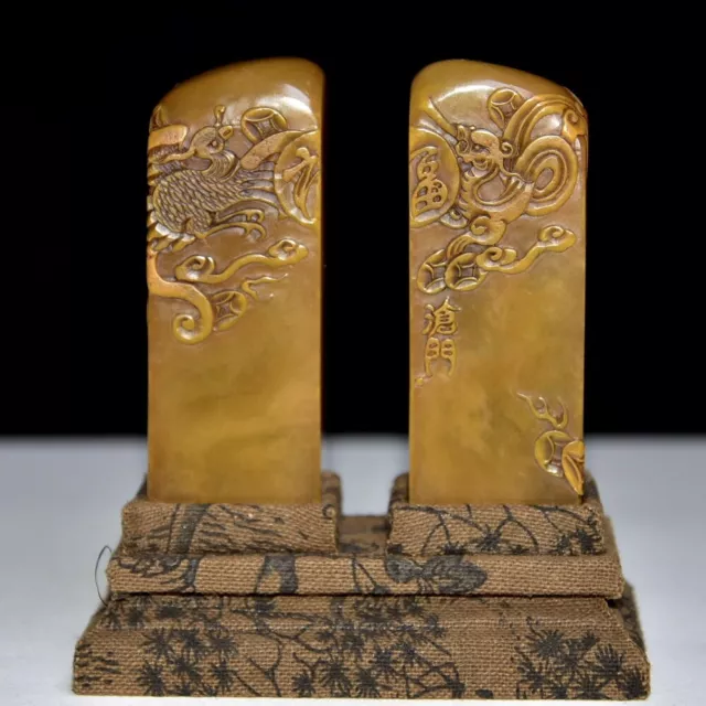 Chinese Exquisite Handmade dragon phoenix carving Shoushan Stone Statue Seal