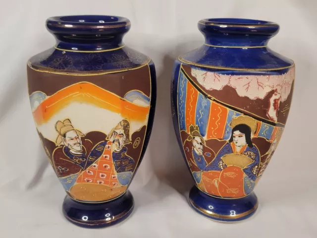Pair Of Antique Japanese Satsuma Hand painted Porcelain Geisha Warrior Vase