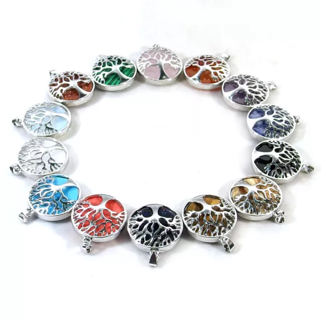 Natural Gemstone Crystal Healing Life Tree Round Energy Stone Pendant Necklace
