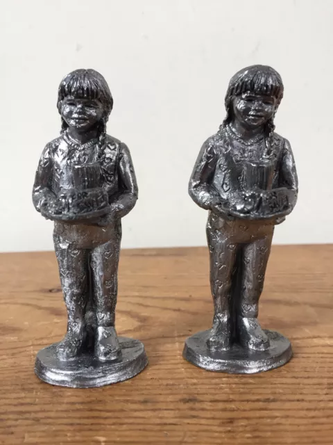 Pair Vtg Michael Ricker Pewter Santa Cookies Girls Figurines Handcrafted USA