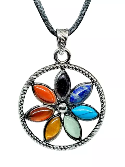 Chakra Flower Necklace Pendant Gemstones 7 Crystal Chakra Reiki Charged Corded