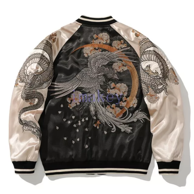 Mens Sukajan Souvenir Jacket Japanese Pattern Embroidery REVERSIBLE Dragon Totem