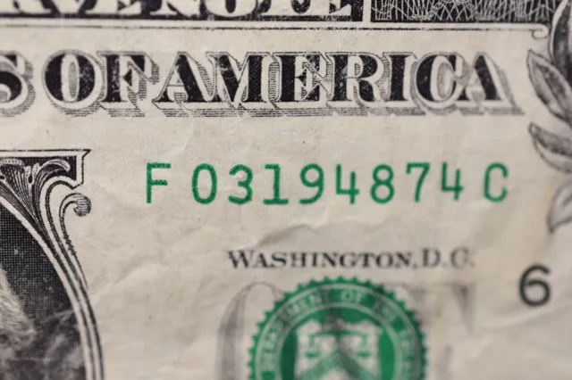 Error Note One Dollar Bill Ink Misprint, mismatched Black color Serial Number 3