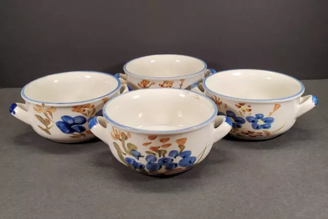 Chi Kiang Stoneware Soup Bowls China Hand Painted Floral Flowers Set of (4) VTG