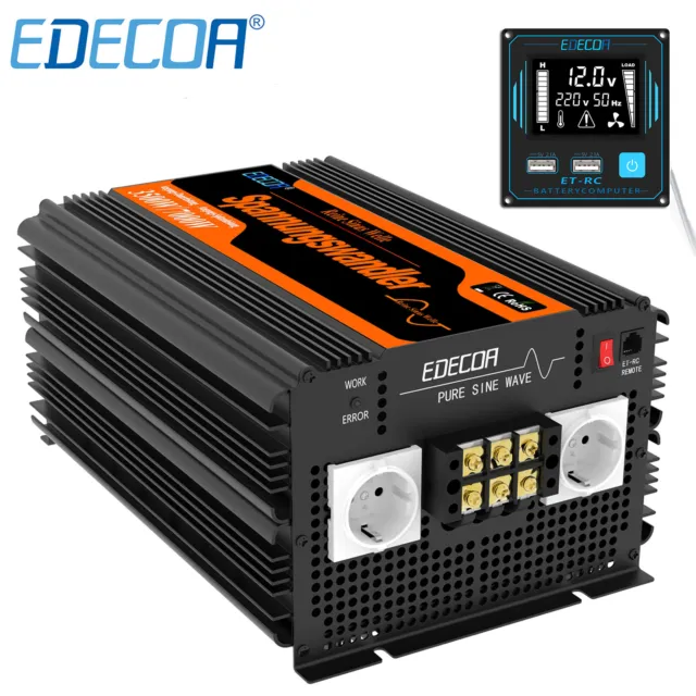 EDECOA 1000W/2000W Convertisseur Pur Sinus 12V 220V Onduleur LCD