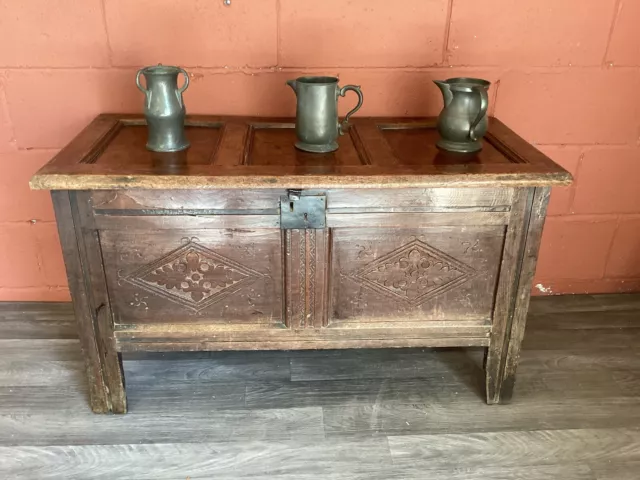 A Small Late 17th C 3 panel top Coffer/chest In Oak Circa 1680