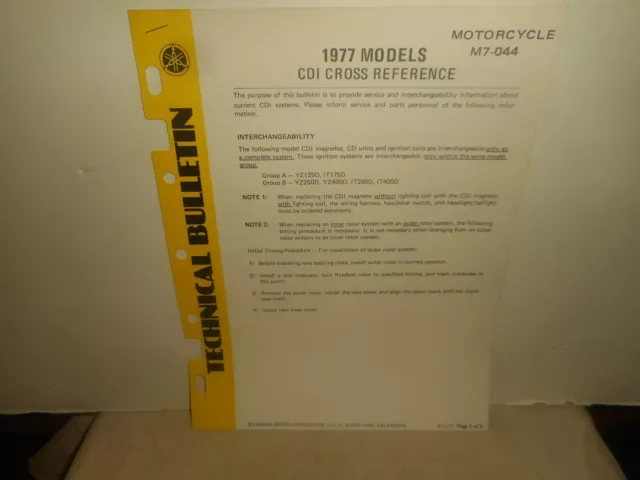 1977 YAMAHA Motorcycles CDI Models Cross Reference TECHNICAL BULLETIN
