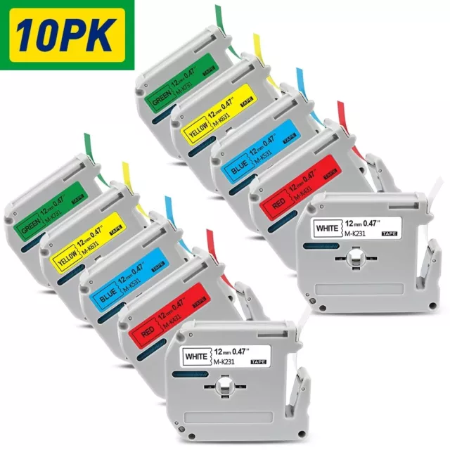 10PK M-K231 431 531 M-K631 For Brother P-Touch Label Tape 12MM PT-65 PT-85 PT-70