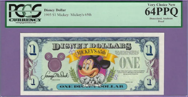 1993 $1 Mickey's 65th DISNEY DOLLAR PROOF PCGS Currency 64PPQ Very Choice New