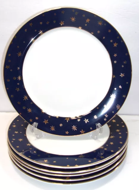 Set of 6 ~ Galaxy by Sakura  Navy Blue 10.5" Dinner Plates w/ 14-K Gold Stars