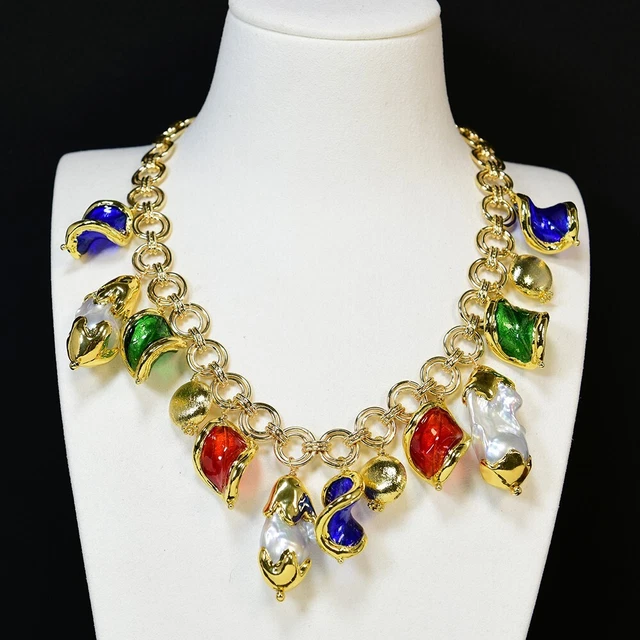 Gray Baroque Pearl Gold Plated Edge Multi Color Murano Brushed Beads Necklace
