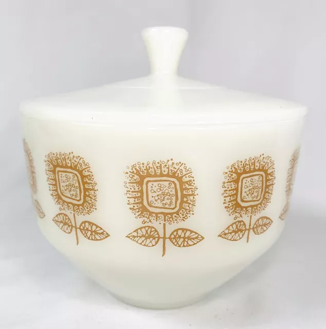 Vtg 1960's Federal Milk Glass Brown Sunflower Bowl Dish w/ Lid 1.5 quart