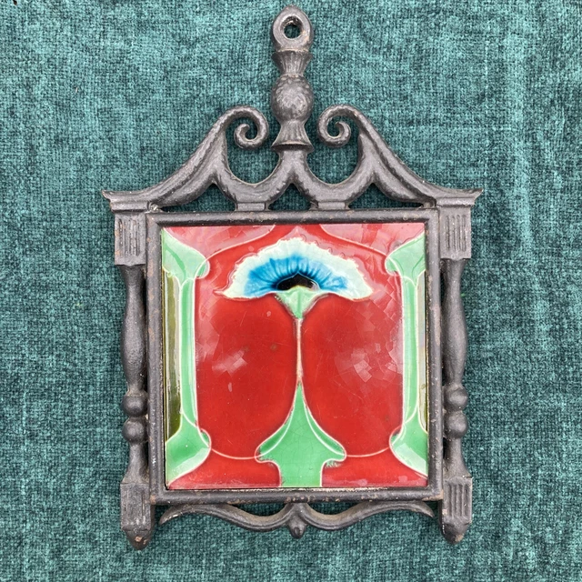Metal, Trivet Framed, Vintage Victorian Tile With Raised Floral Design