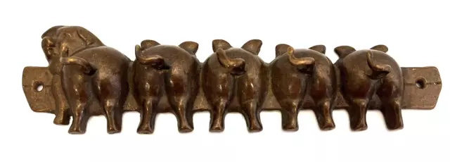 VINTAGE Brass Pigs Piggy Wall Hooks Hanger Wall Decor 5 Hooks 9.25"