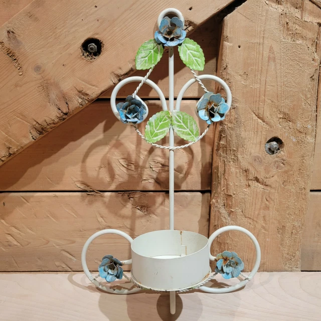 Pillar Candle Holder Blue Flower Green Leaf Metal Wall Hanging 14" - Swanky Barn