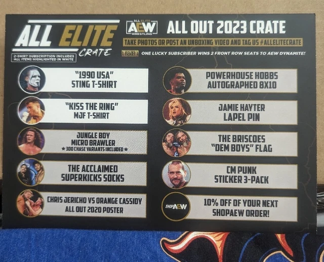 COMPLETE AEW CRATE July 2023 Hobbs Jack Perry Hayter CM Punk XL Sting