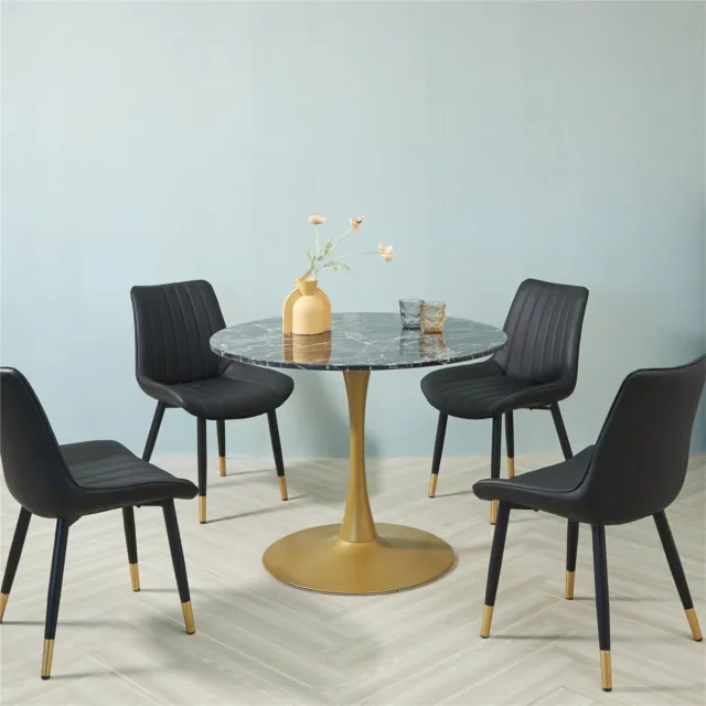 Marble Dining Table Black 100cm with Gold Tulip Legs Engineer Marble Top