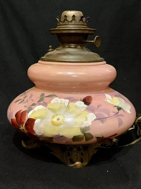 Antique 1890’s Victorian Hand Painted Flowers Kerosene Oil Lamp GWTW American