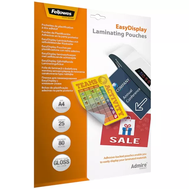 Fellowes A4 80 Micron Admire EasyMove Adhesive Laminating Pouch (Pack of 25)