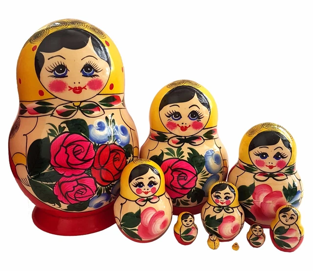 Lot de 10 poupées russes en bois artisanales Matriochka