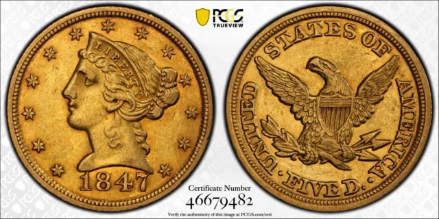 $5 1847 No Motto Gold Half Eagle PCGS AU Detail Philadelphia Mint * AvenueCoin