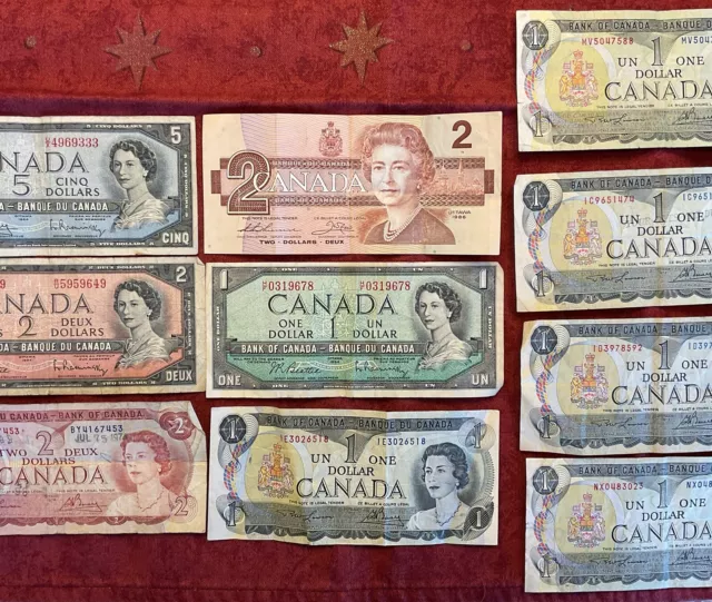 Lot Of 10 Older Canada $5 $2 $1 Dollar Notes - $17 Face Value - Circulated